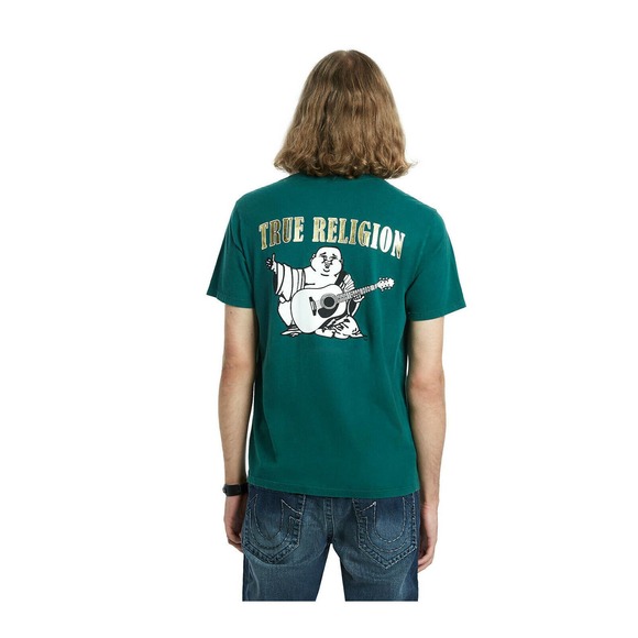 True Religion Men's Gold Metallic Print Buddha Tee T-Shirt in Malachite Green - Picture 3 of 5